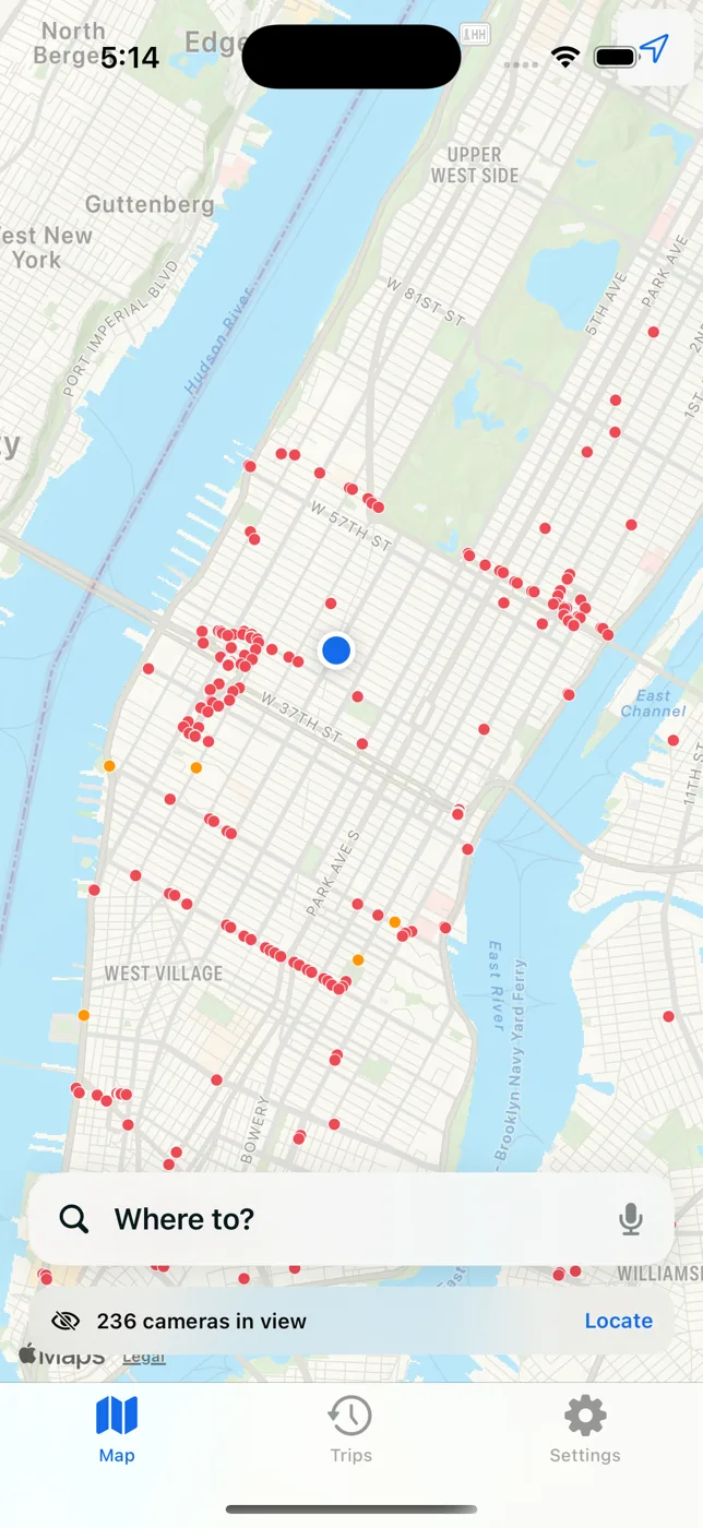 Penguin map of Manhattan covered in red camera dots, one per surveillance camera, with a banner reading 236 cameras in view