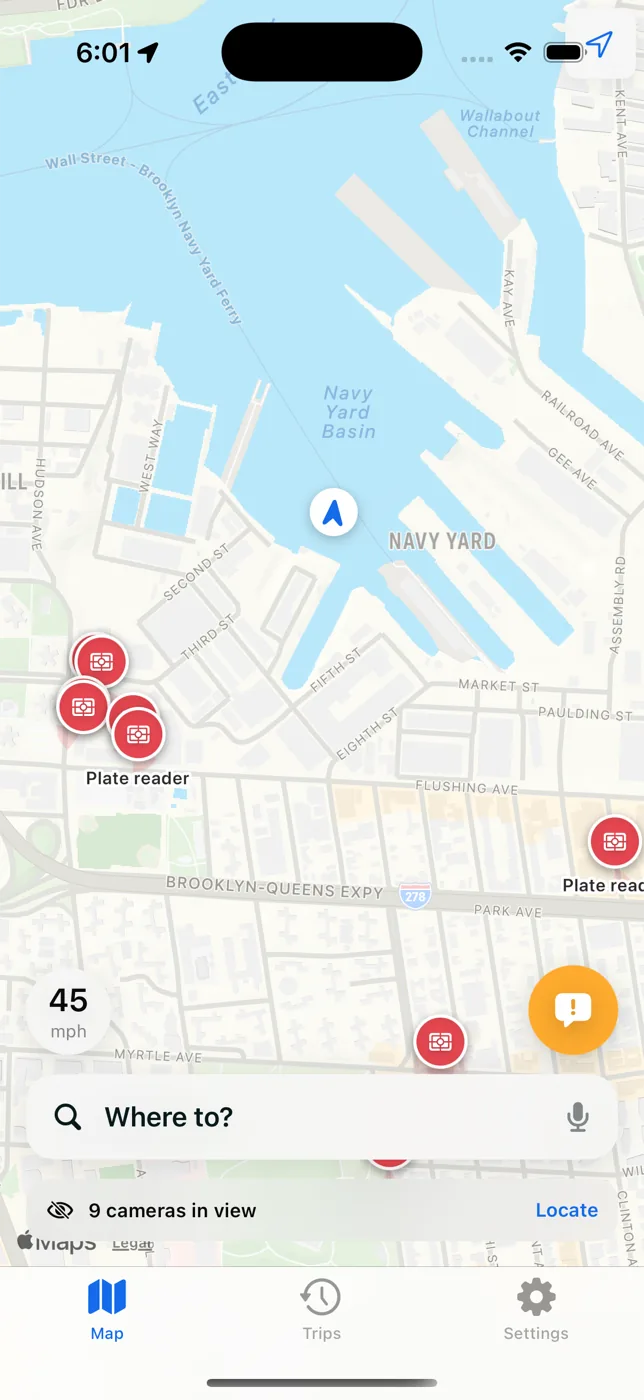 Penguin while driving at 45 mph near the Brooklyn Navy Yard: plate readers marked in red, 9 cameras in view